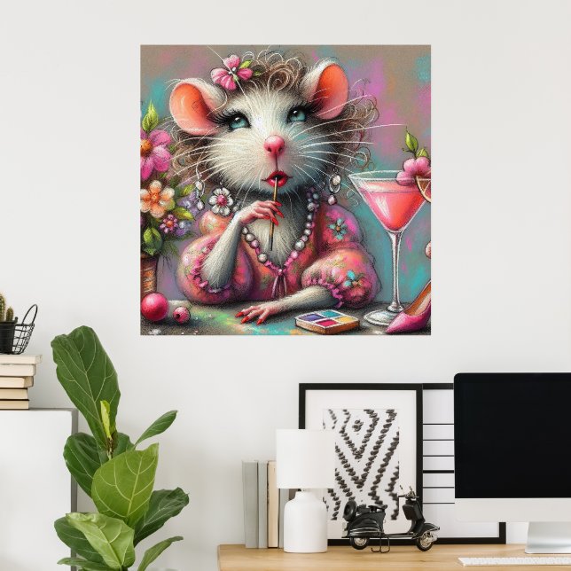 Poster Bonito Rat Lady Tendo um Martini Contemplando (Escritório em casa)