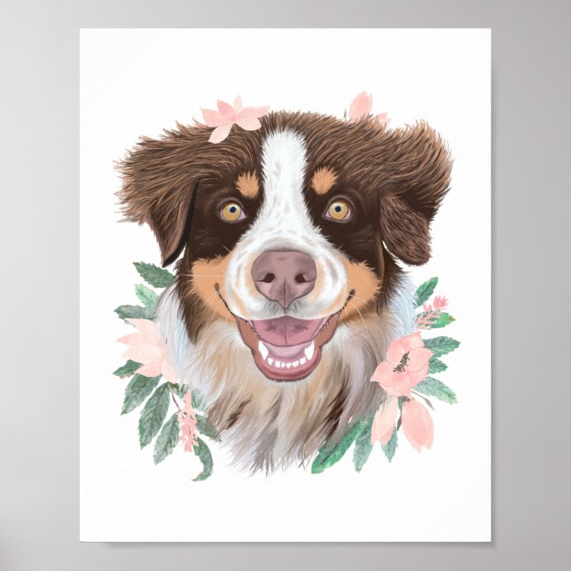 Poster Bonito Red Tri Australiano Shepherd | Floral (Frente)