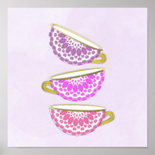 Pôster Bonito rosa púrpura China Tea Cups Muro de Arte P