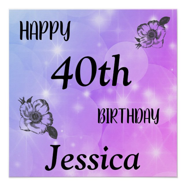 Pôster Bonito Roxo Grelha Feliz aniversário de 40 anos (Frente)