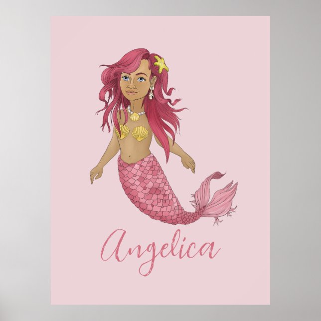 Poster Bonito Sereia Rosa Nome do quarto da Menina Art Im (Frente)