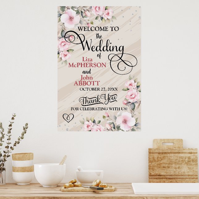 Poster Bonito Sinal de Boas-vindas do Casamento Floral (Cozinha)