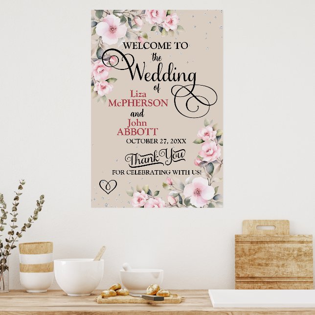 Poster Bonito Sinal de Boas-vindas do Casamento Floral (Cozinha)