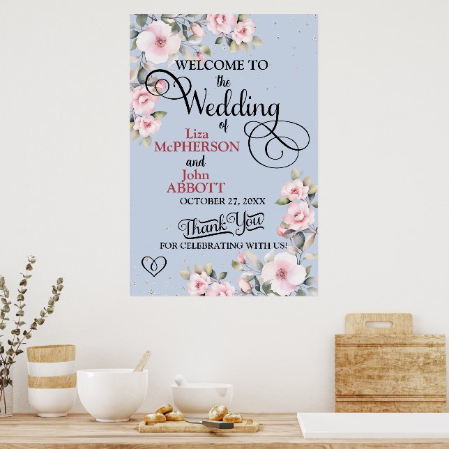 Poster Bonito Sinal de Boas-vindas do Casamento Floral (Cozinha)