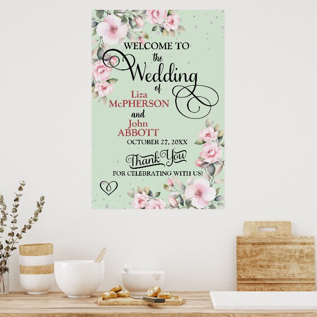 Poster Bonito Sinal de Boas-vindas do Casamento Floral (Cozinha)