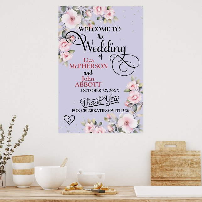 Poster Bonito Sinal de Boas-vindas do Casamento Floral (Cozinha)