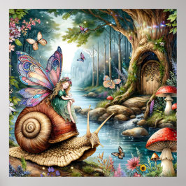 Poster Bonito terra de fadas com caracol e borboletas bon