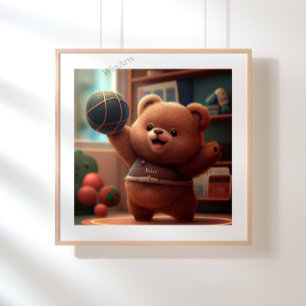 Poster Bonito Urso Jogando Arte De Basquete Personalizado