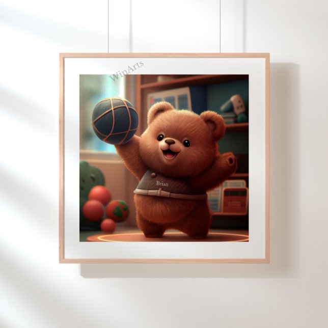 Poster Bonito Urso Jogando Arte De Basquete Personalizado (Criador carregado)