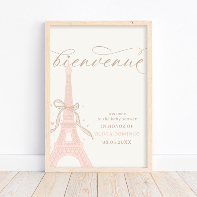 Poster Bonjour Bébé Pink Paris Eiffel Tower Welcome Sign (Criador carregado)