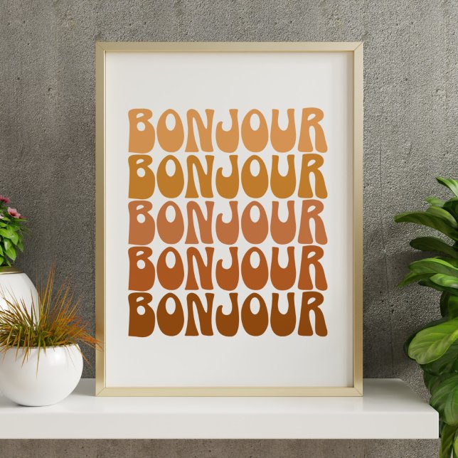 Poster Bonjour French Hello em Brown Groovy Retro Wall (Criador carregado)