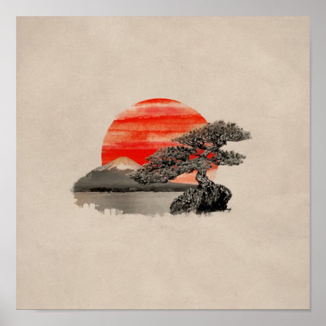 Poster Bonsai Pine Tree - Fuji Sunset (Frente)