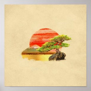 Poster Bonsai Pine Tree - Fuji Sunset a cores