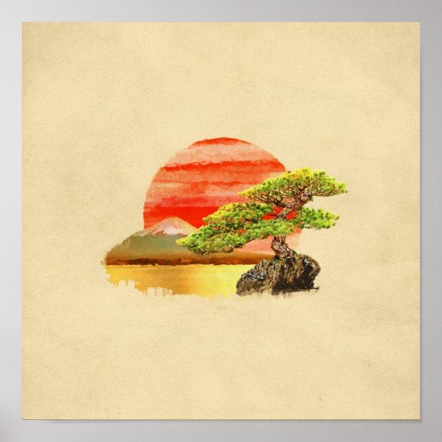 Poster Bonsai Pine Tree - Fuji Sunset a cores (Frente)