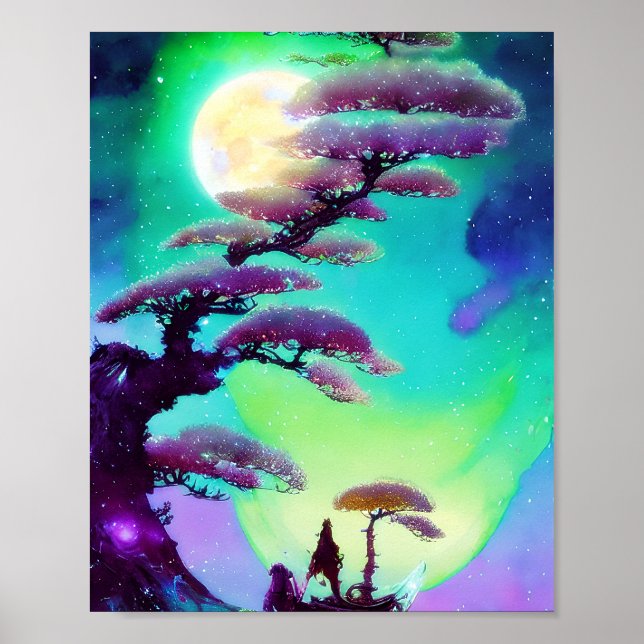 Poster Bonsai roxo alto e lua (Frente)