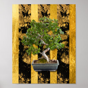 Poster Bonsai Tree Green Dourada Black Strips Wall Art