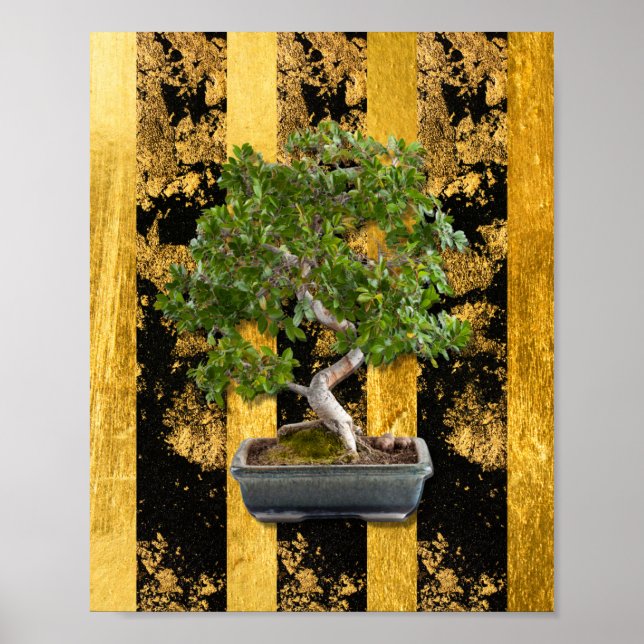 Poster Bonsai Tree Green Dourada Black Strips Wall Art (Frente)