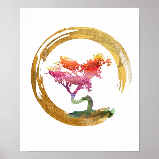 Pôster Bonsai Tree. Zen Enso Circle. Arte de Aquarela (Frente)