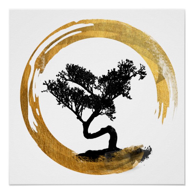 Pôster Bonsai Tree. Zen Enso Circle. Arte de Aquarela (Frente)