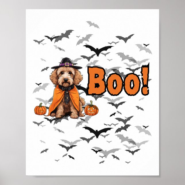 Poster Boo! Cachorro De Halloween Em Roupa De Bruxa Com T (Frente)