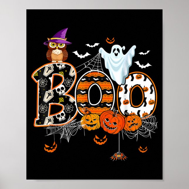 Poster Boo Creepy Owl Pumpkin Ghost Halloween Men Women K (Frente)