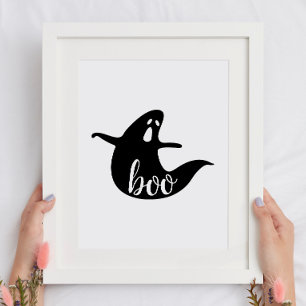 Poster Boo. Fantasma branco preto bonito. Festa de crianç