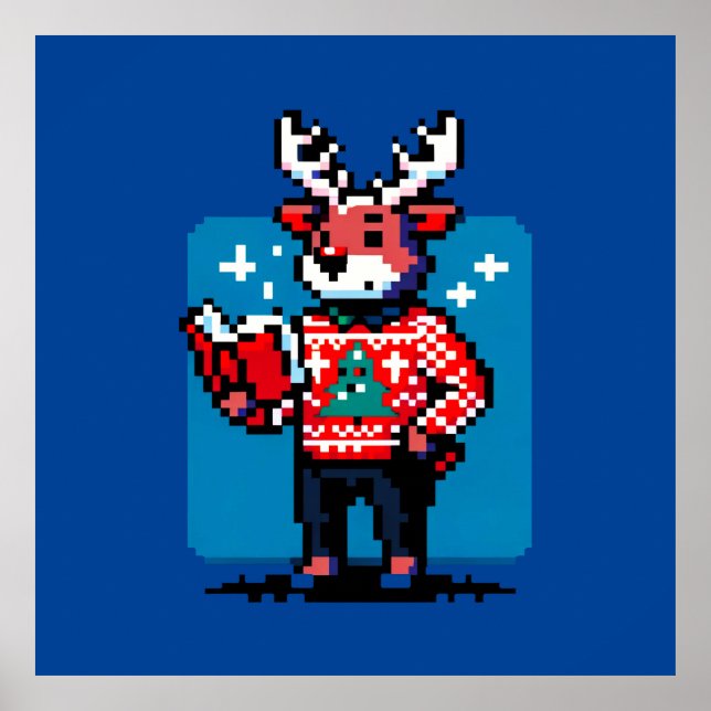 Poster Bookish Reindeer - Design de Natal Cozy Pixel Art (Frente)