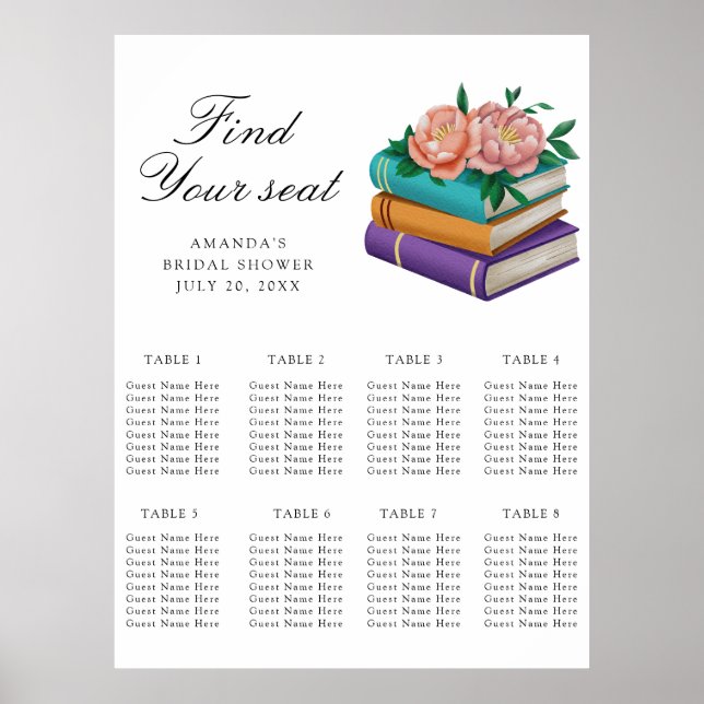 Poster Books Bridal shower Wedding seating chart (Frente)
