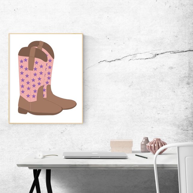 Poster Boots do Cowboy Estrelas Púrpura Rosa-Marrom (A poster of pink and brown cowboy boots with purple stars)