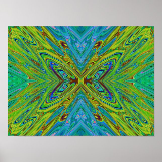 Poster Borboleta Abstrata Chartreuse e Azul Trippy (Frente)