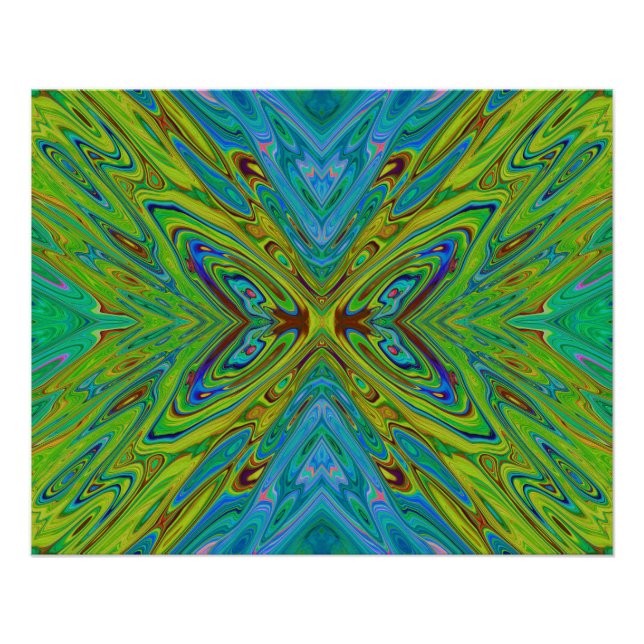 Pôster Borboleta Abstrata Chartreuse e Azul Trippy (Frente)