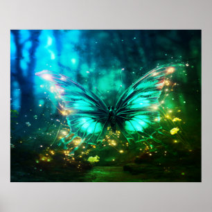 Poster Borboleta Azul Brilhante na Parede Colorida da Flo