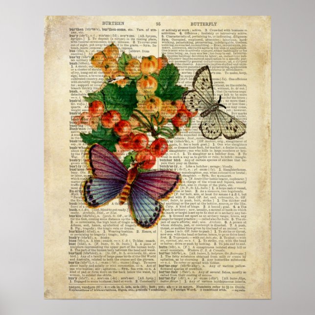 Poster Borboleta Azul com Flores Vermelhas Arte de Vintag (Frente)