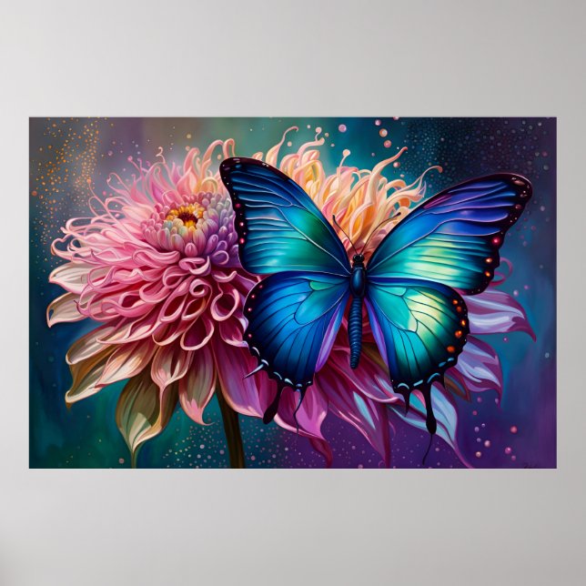 Poster Borboleta azul e Dahlia (Frente)