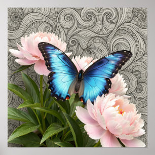 Poster Borboleta Azul Morpho Arte Floral Botânica Poste