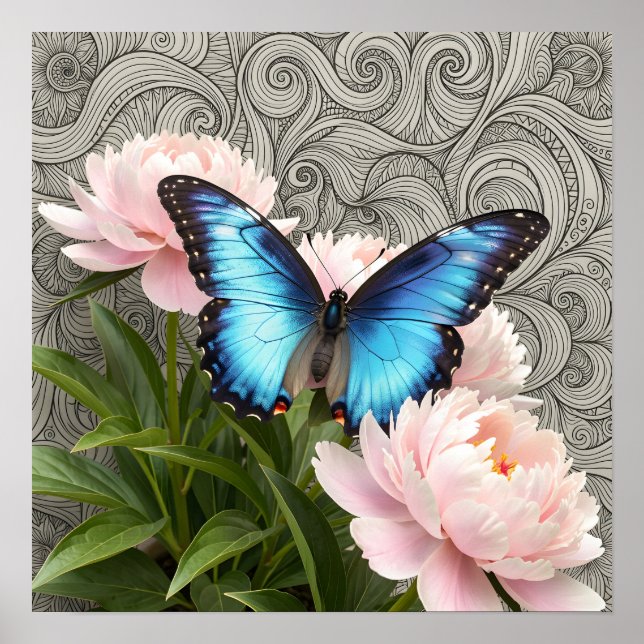 Poster Borboleta Azul Morpho Arte Floral Botânica Poste (Frente)