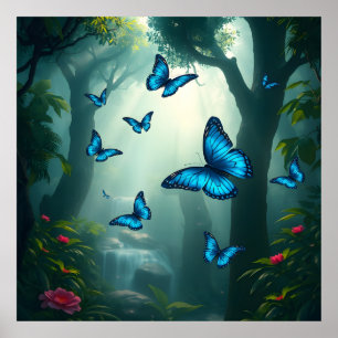 Poster Borboleta Azul Morpho na Floresta Tropical