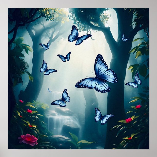 Poster Borboleta Azul Morpho na Floresta Tropical (Frente)