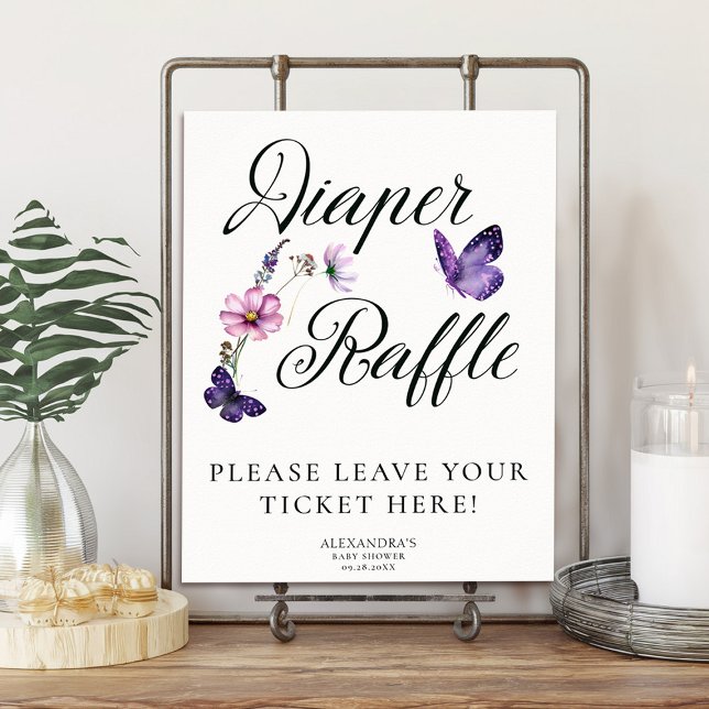 Poster Borboleta Beija Chá de fraldas Roxo (baby shower diaper raffle poster purple butterflies wildflowers garden party spring summer chic)