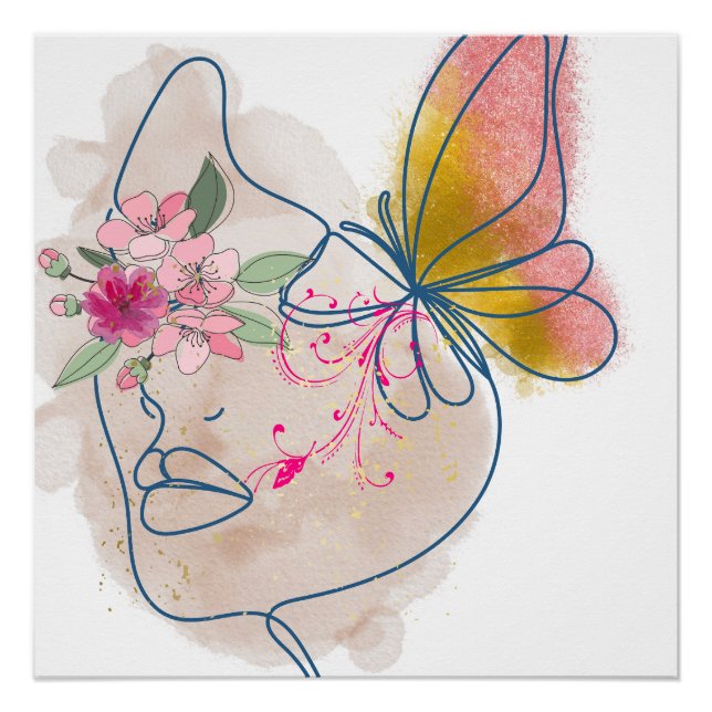 Pôster Borboleta Bloom - Abstrato Floral Face Art" (Frente)