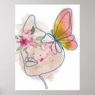 Poster Borboleta Bloom - Abstrato Floral Face Art"