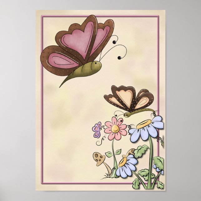 Pôster Borboleta bonito com Flores Rosa e Azul (Frente)