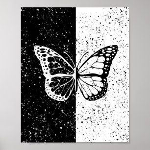 Poster Borboleta Bonito Elegante Noite Negra e Branca