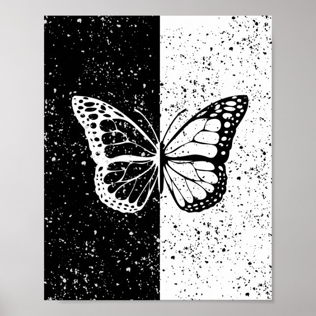 Poster Borboleta Bonito Elegante Noite Negra e Branca (Frente)