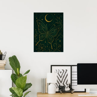 Poster Borboleta Celestial Gótica e Lua Crescente Mística