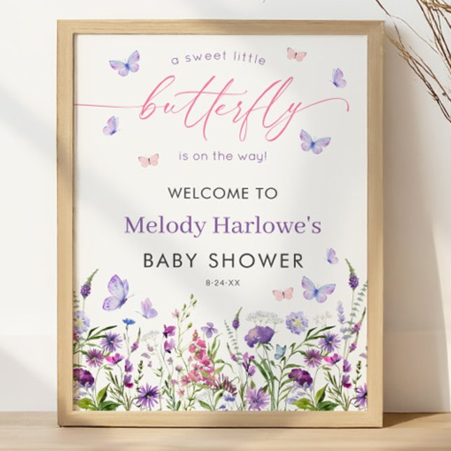 Poster Borboleta Chá de fraldas de flor selvagem 18x24 Be (Butterfly Wildflower Baby Shower 18x24 Welcome Poster)
