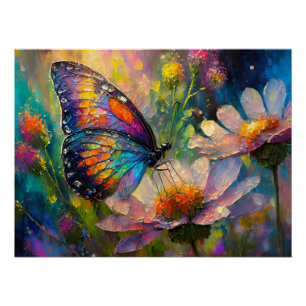 Pôster Borboleta Colorida e Flores Silvestres ao Nascer d