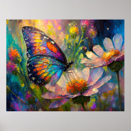 Poster Borboleta colorida e flores silvestres no nascer d