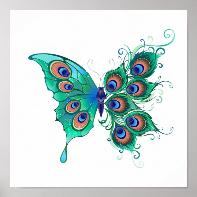 Poster Borboleta com Penas de Pavão Verde (Frente)