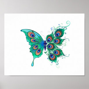 Poster Borboleta com Penas de Pavão Verde